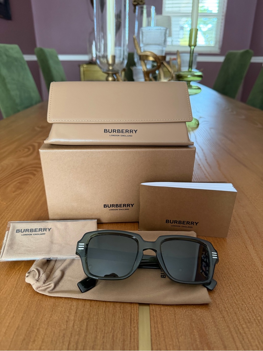 Like New with Box. Burberry Green Eldon Square Sunglasses with Tan Accessories